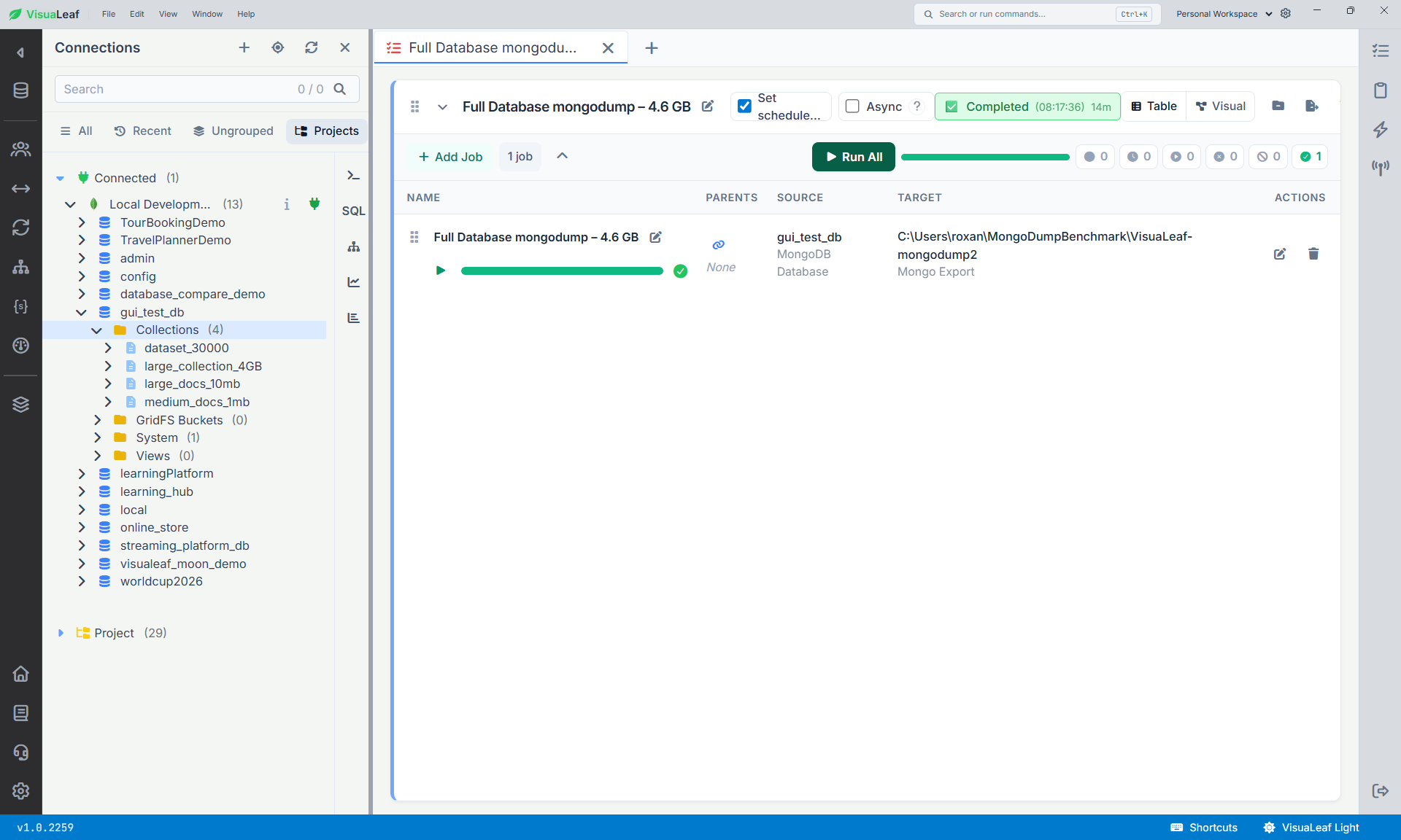 VisuaLeaf Task Manager showing a completed mongodump task for the gui_test_db database and its four collections.