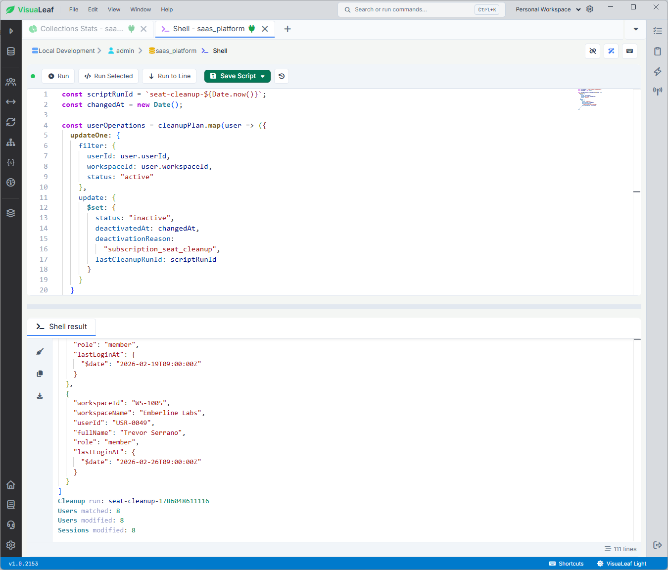 Mongosh bulkWrite results in VisuaLeaf showing eight matched and modified users and the number of revoked sessions.