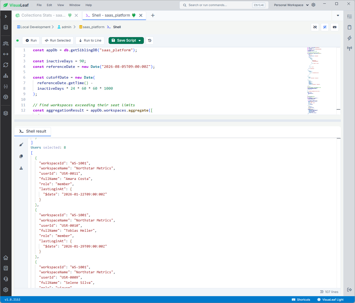 Mongosh script in VisuaLeaf identifying over-limit workspaces and previewing eight inactive users selected for deactivation.