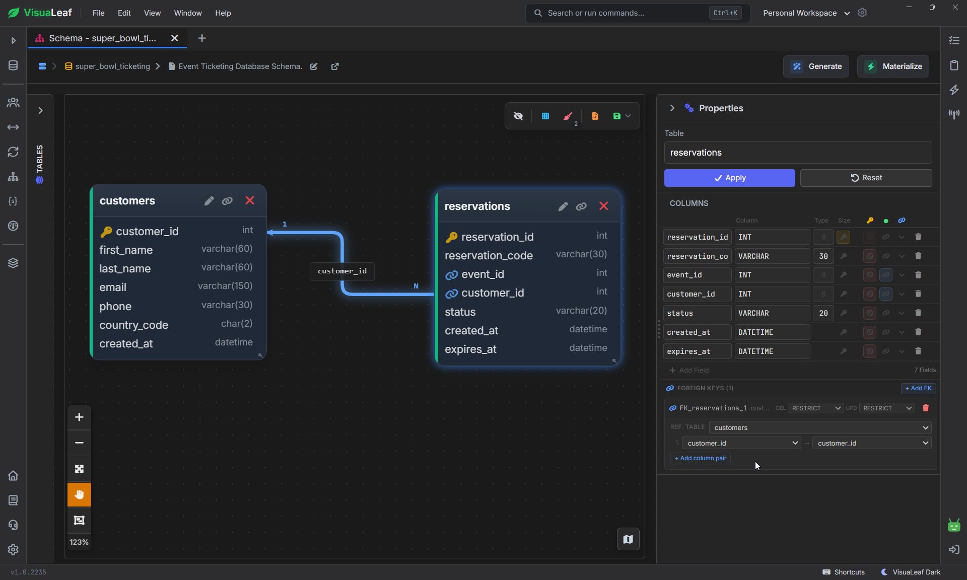 VisuaLeaf showing an editable foreign key relationship between customers and reservations.