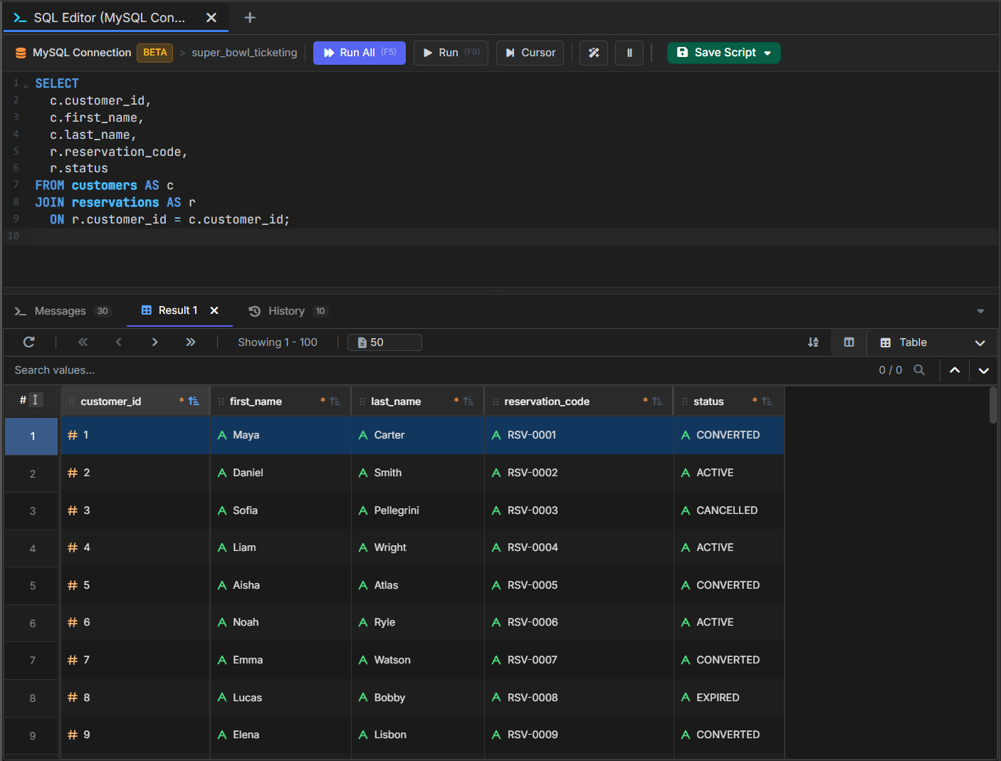 SQL JOIN in VisuaLeaf returning customers with their reservation codes and statuses.