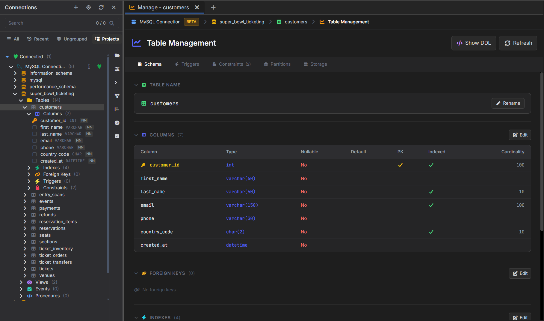 VisuaLeaf showing the columns and data types in a MySQL customers table.