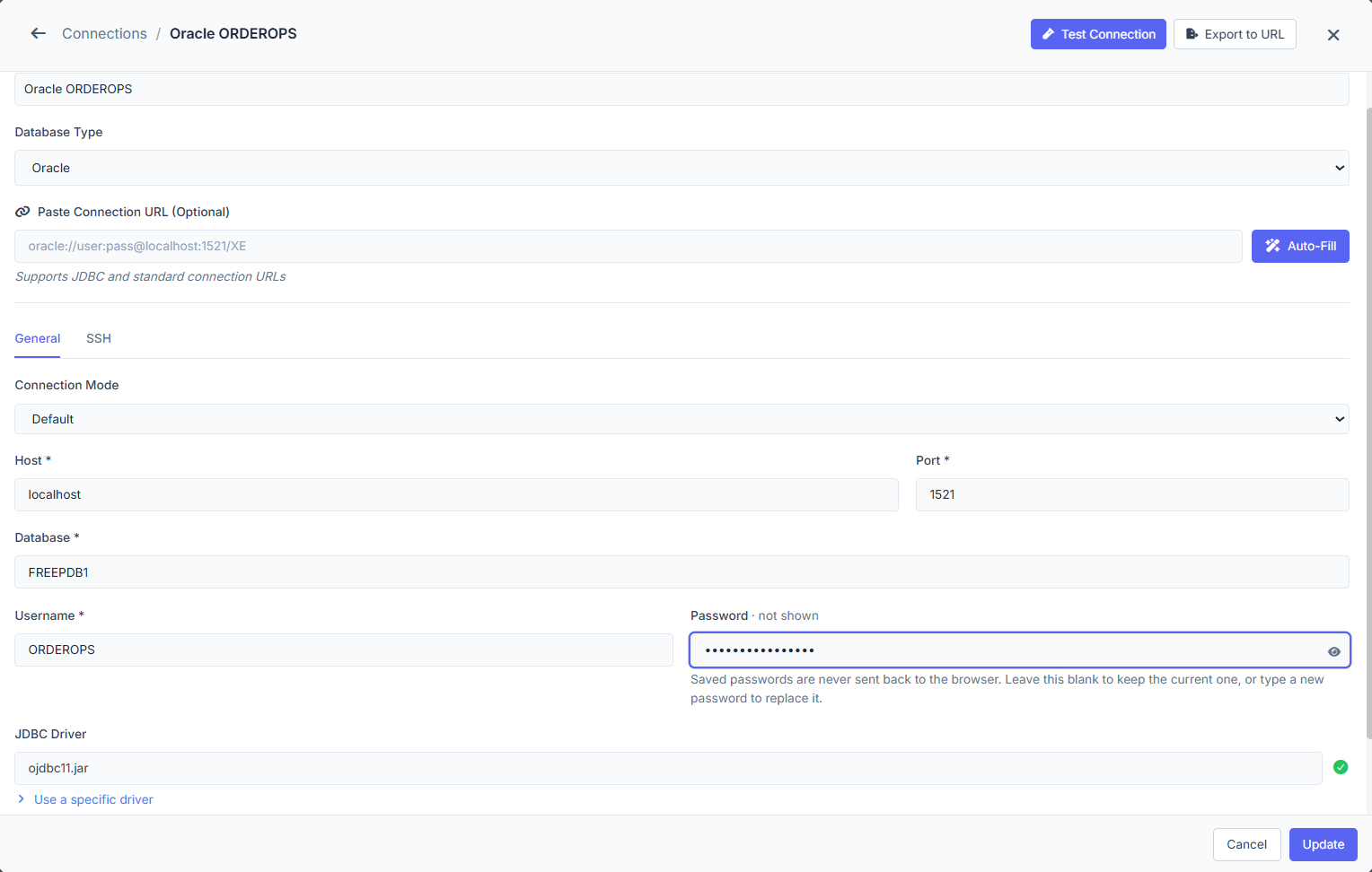 VisuaLeaf Oracle connection settings showing localhost, port 1521, FREEPDB1, the ORDEROPS username, and the ojdbc11 JDBC driver.