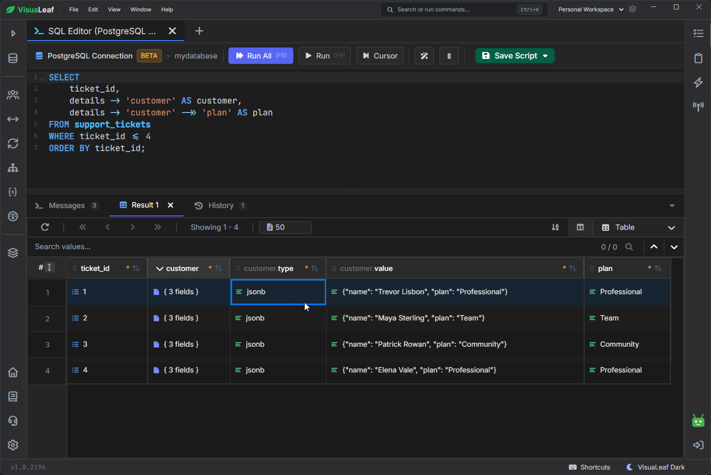 VisuaLeaf showing an expandable customer JSONB object and the customer plan returned as text in PostgreSQL.