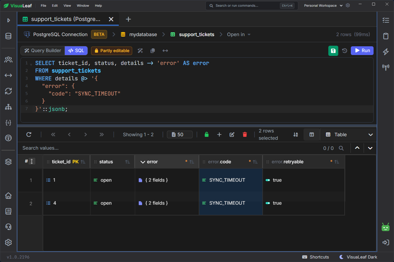 VisuaLeaf running a PostgreSQL JSONB containment query and displaying two matching support tickets with expanded error details.