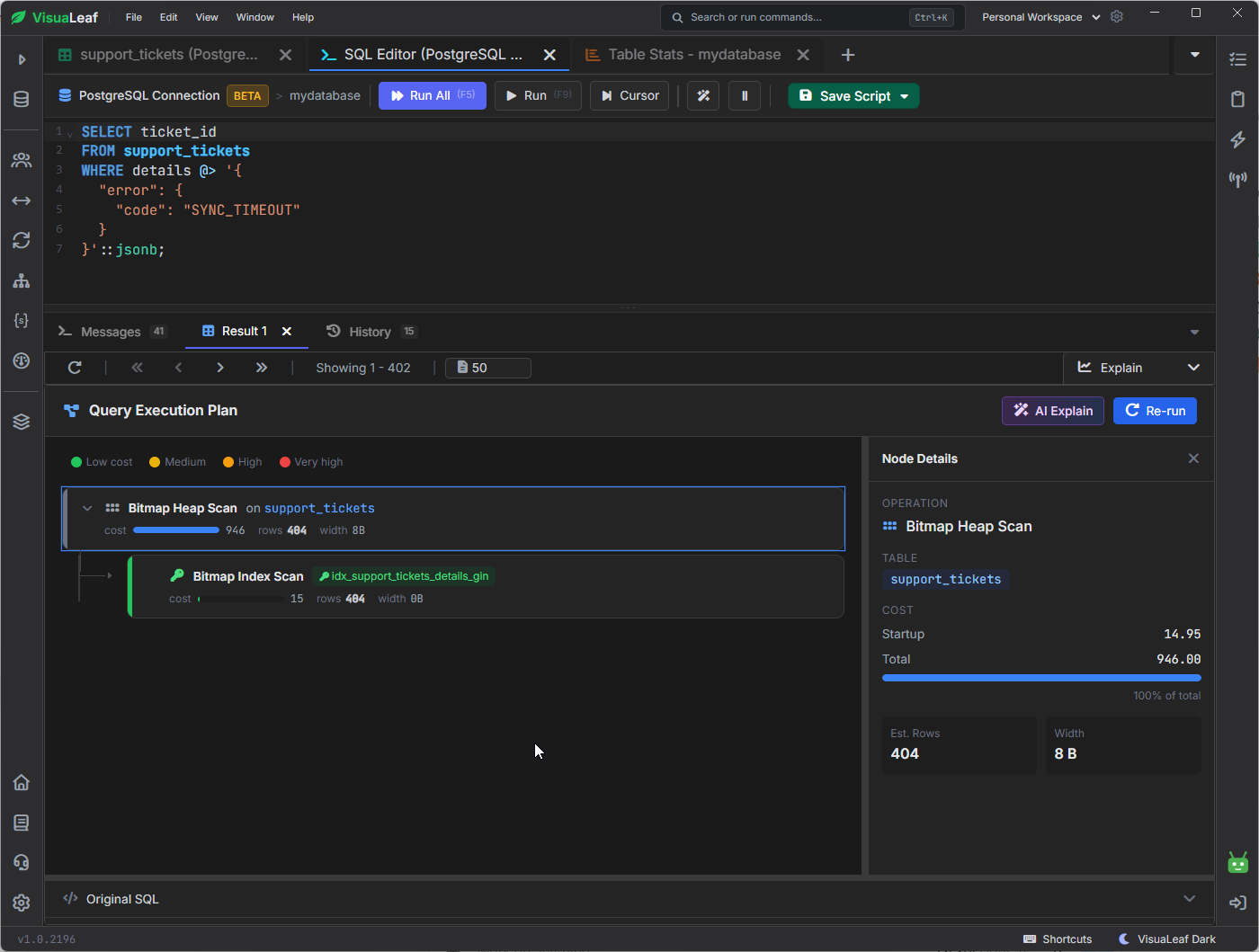 VisuaLeaf Explain showing a PostgreSQL Bitmap Index Scan using a JSONB GIN index.