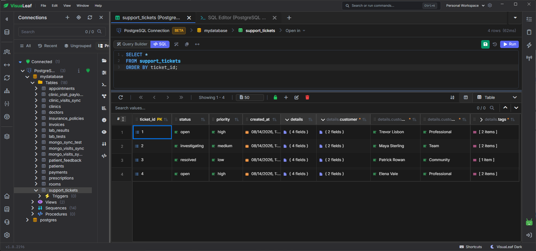 VisuaLeaf displaying a PostgreSQL support_tickets table with expanded customer and tags fields from a JSONB column.