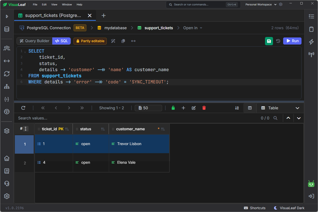 VisuaLeaf SQL editor querying nested PostgreSQL JSONB fields with arrow operators and returning matching customer names.