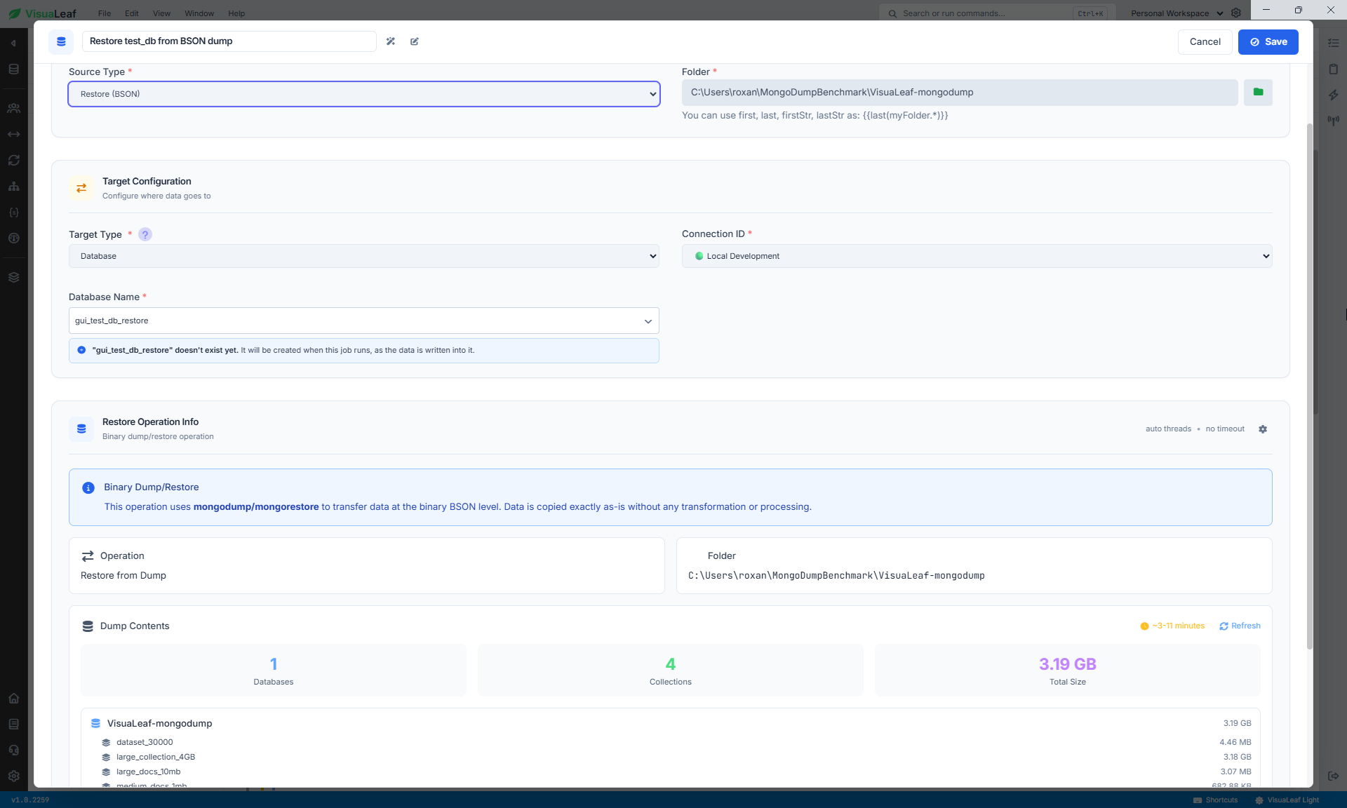 VisuaLeaf Restore BSON job using a compressed MongoDB dump folder and the new gui_test_db_restore database.