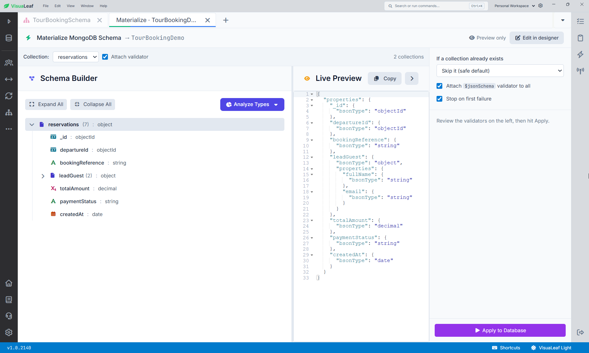VisuaLeaf Materialize screen showing the reservations collection, its BSON fields, embedded leadGuest object, generated MongoDB validator, and Apply to Database button.