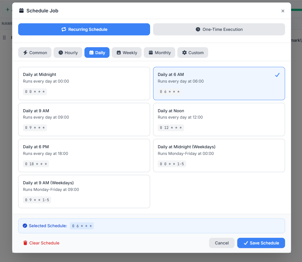 VisuaLeaf Schedule Job window with a recurring daily 6 AM MongoDB backup selected.