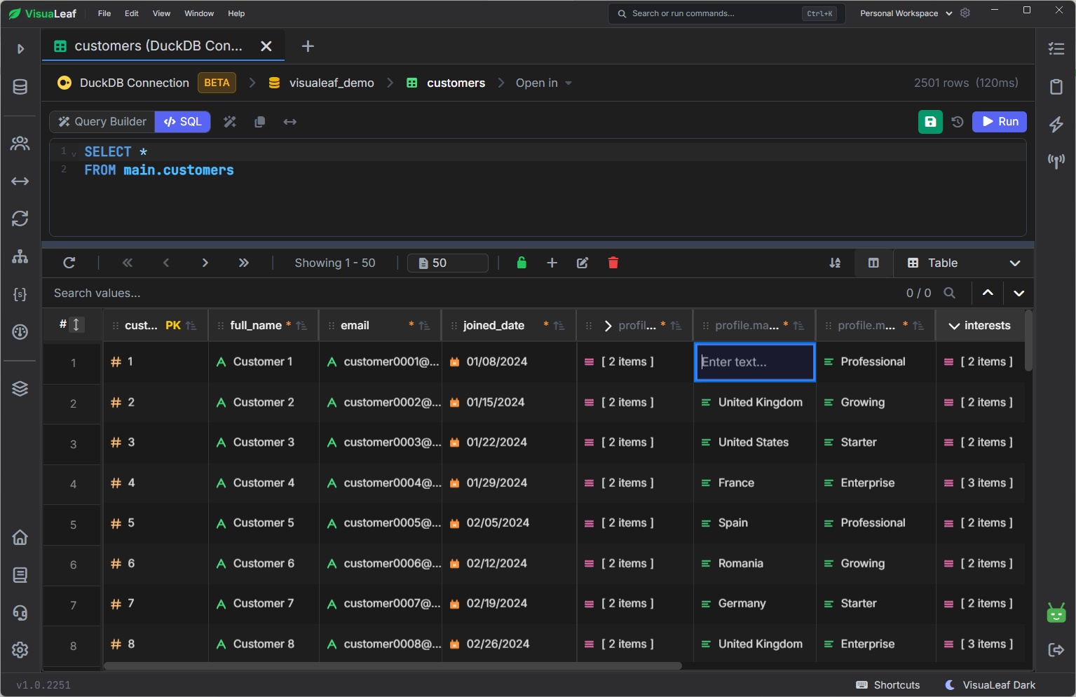 Browsing and editing DuckDB records directly in the data grid.