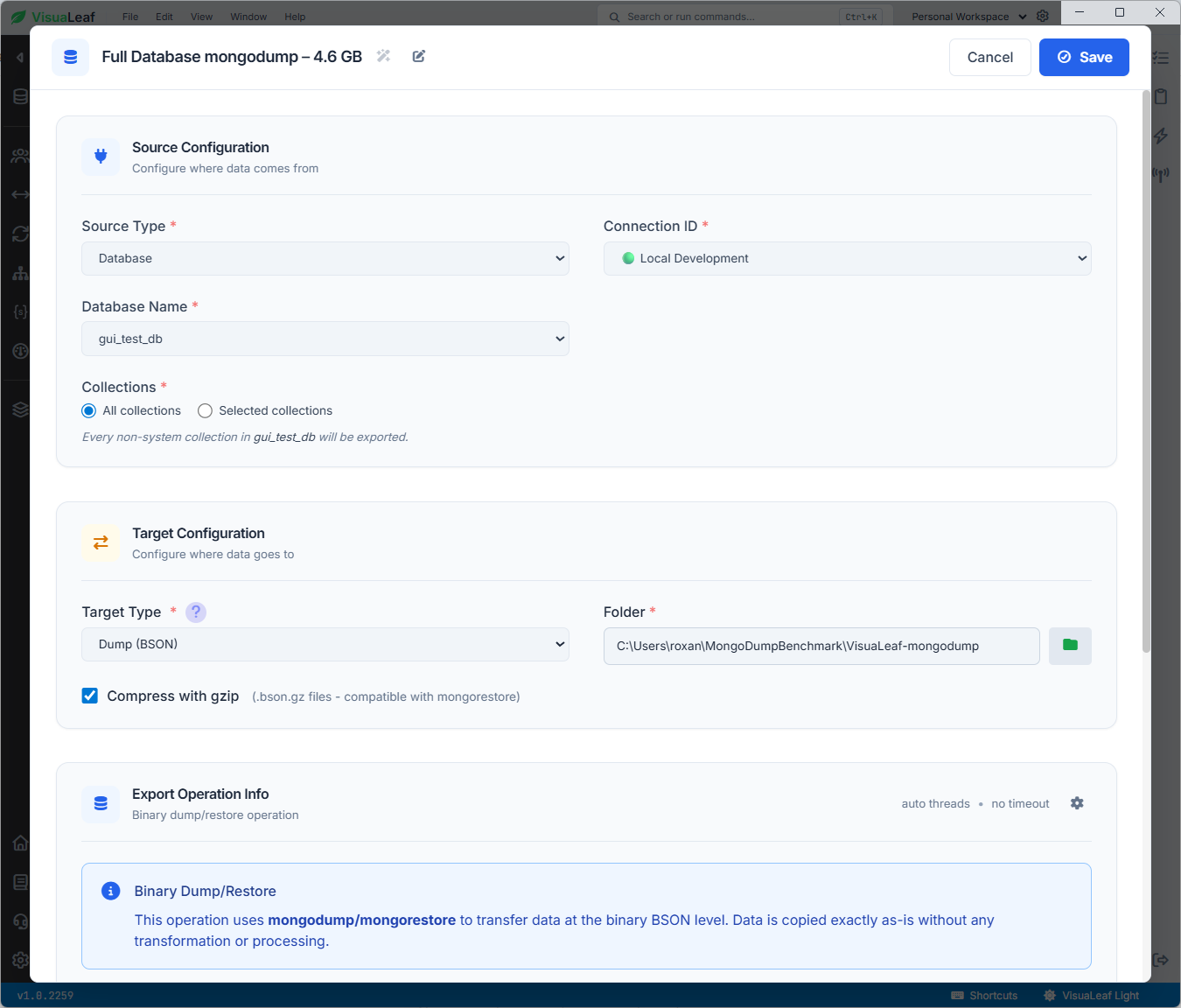 VisuaLeaf Binary Dump task with gui_test_db selected as the source MongoDB database.