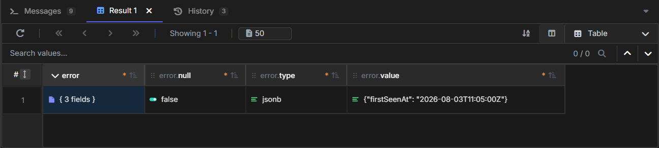 JSONB error object with the new firstSeenAt field.