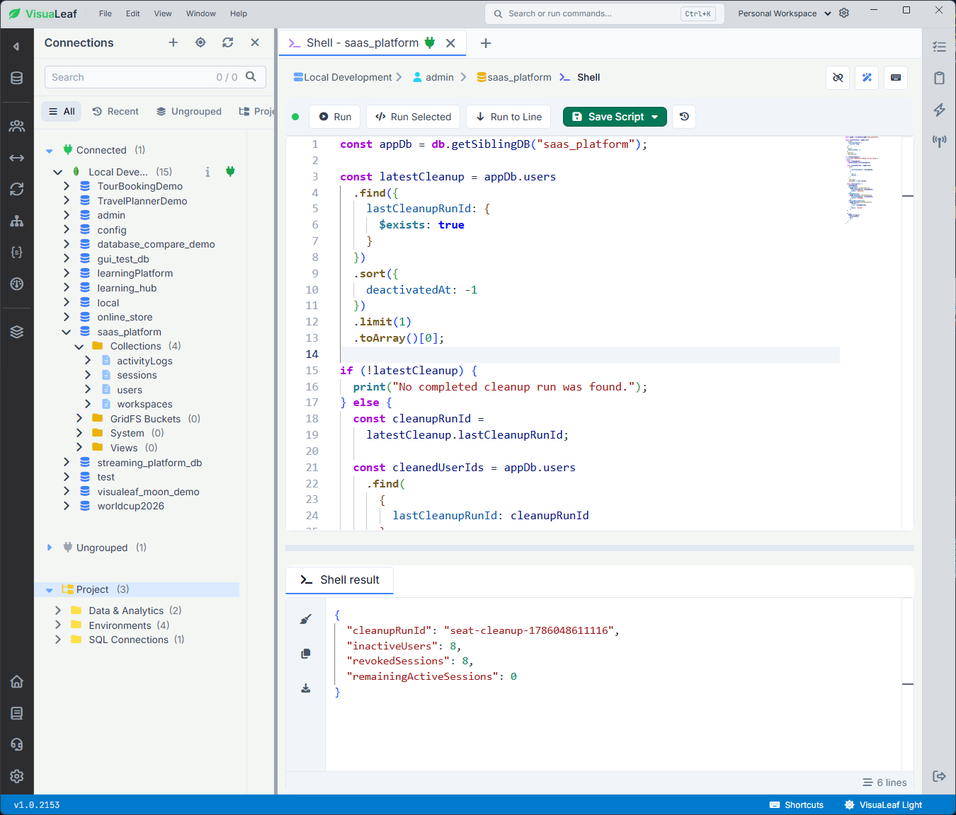 VisuaLeaf shell showing eight inactive MongoDB users, eight revoked sessions, and zero remaining active sessions.