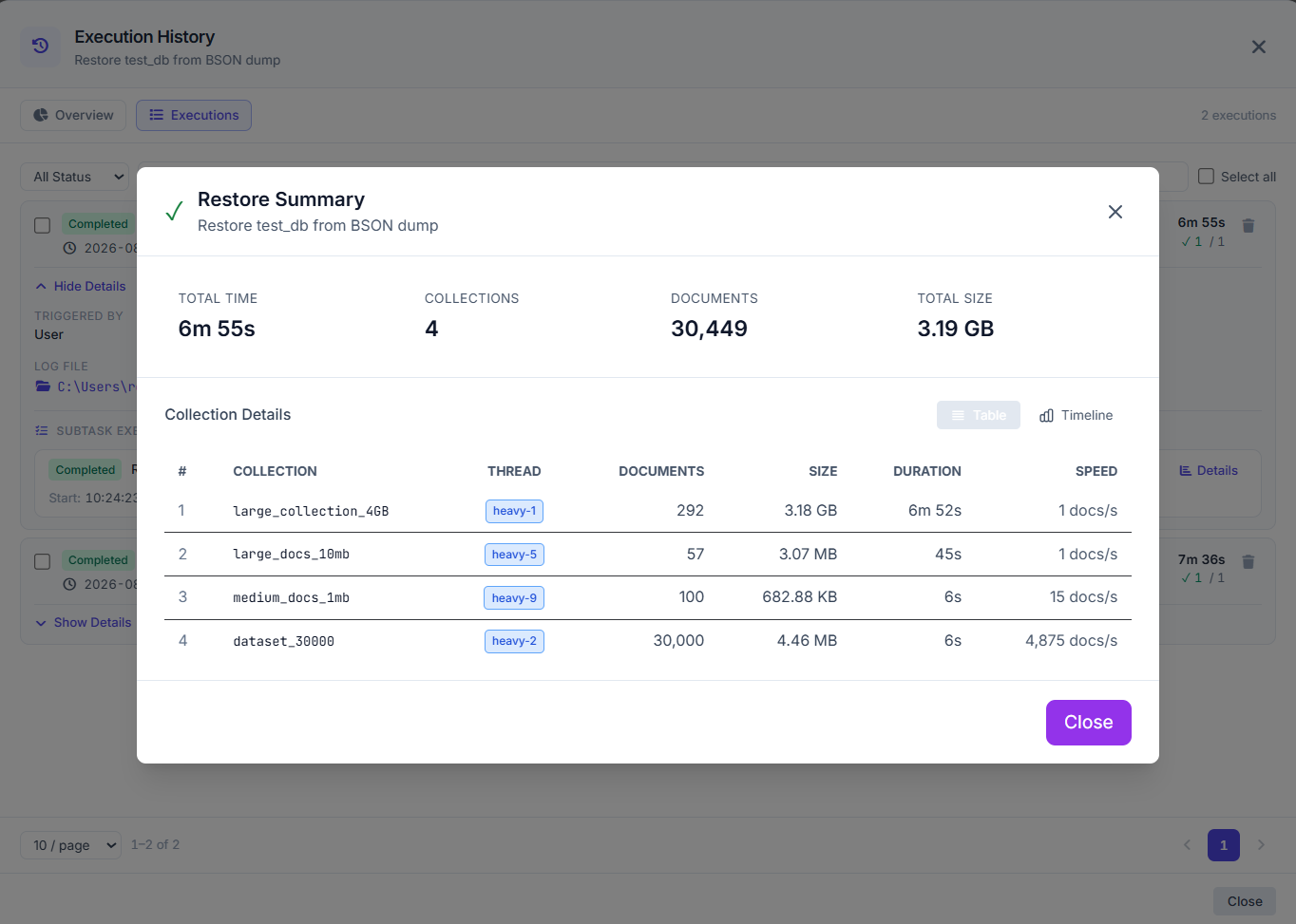 VisuaLeaf BSON restore summary showing four restored MongoDB collections, 30,449 documents, and a total size of 3.19 GB.