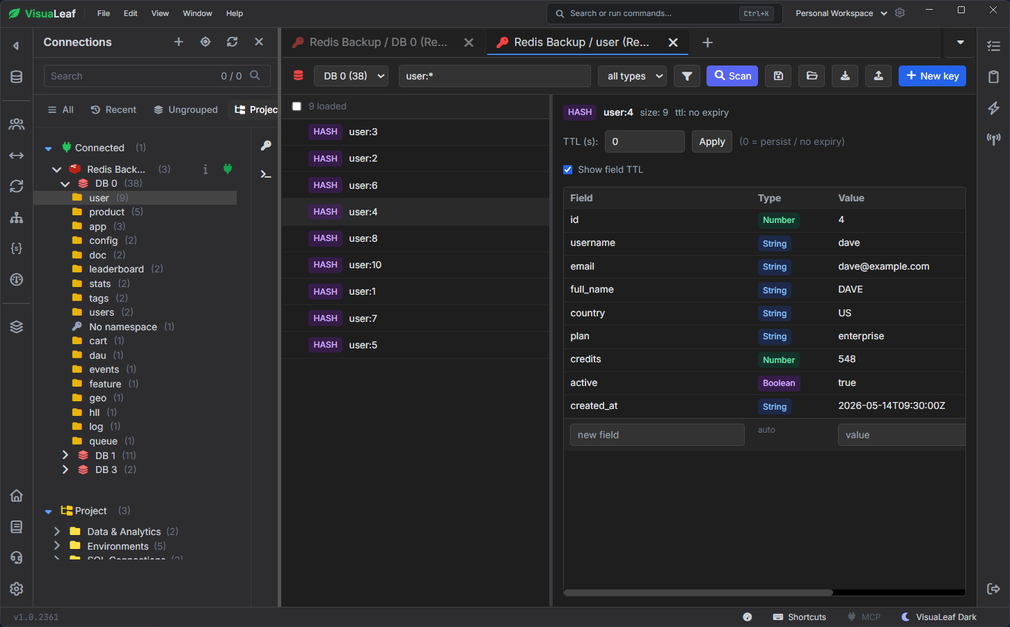 VisuaLeaf scanning Redis keys with the user wildcard pattern and displaying a selected hash with its fields and TTL.