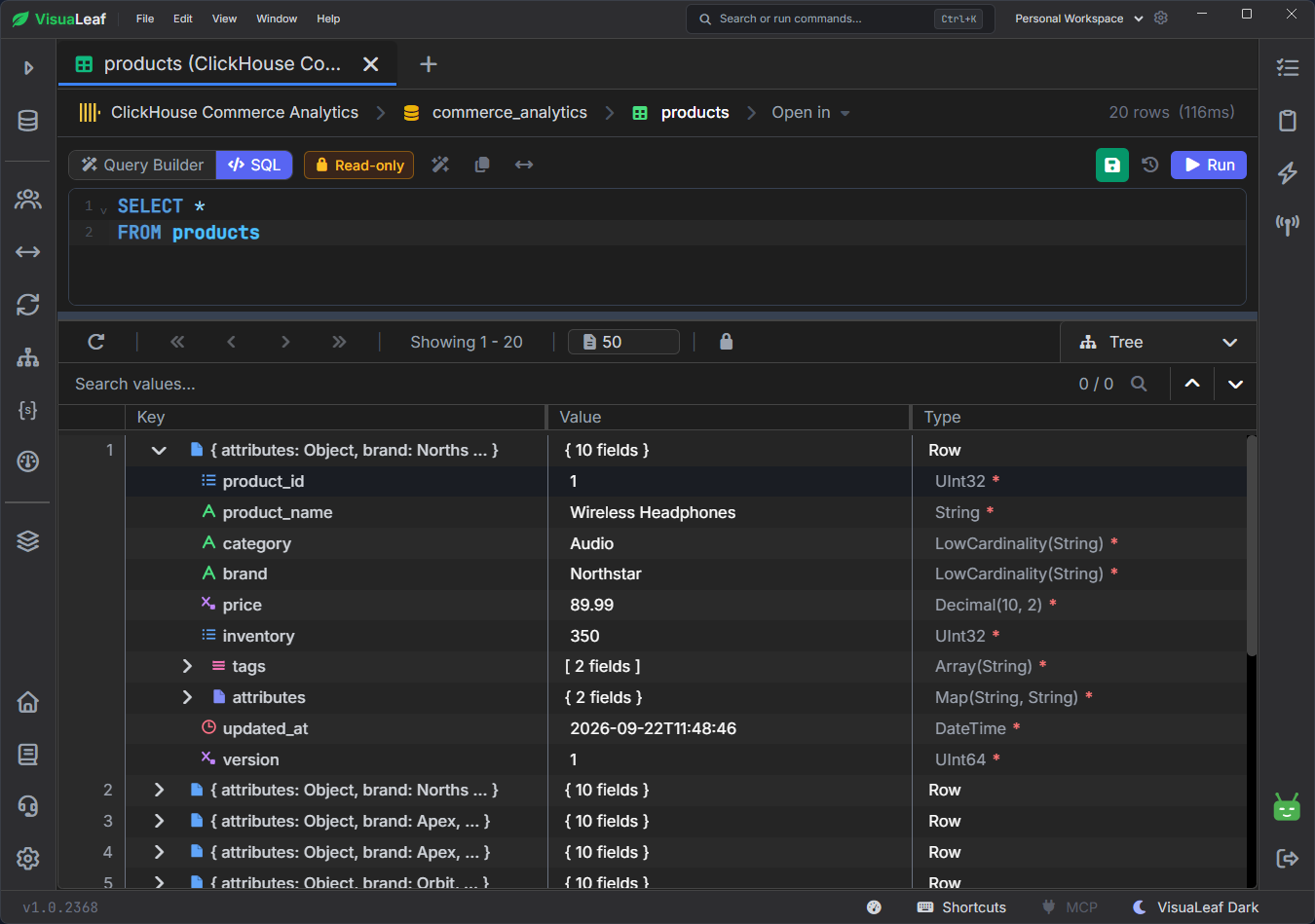 ClickHouse product data with category, brand, tags, attributes, price, and inventory columns in VisuaLeaf.
