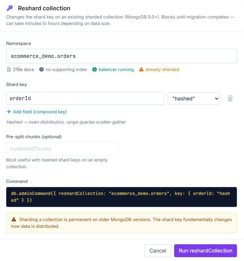 Configure orderId as a new hashed MongoDB shard key in VisuaLeaf