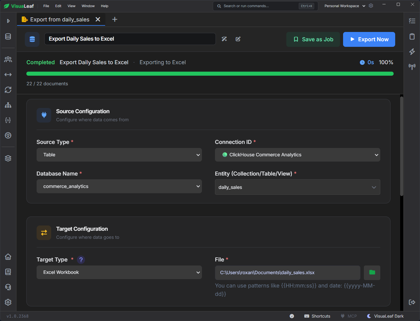 Completed VisuaLeaf export from a ClickHouse daily sales table to an Excel file.
