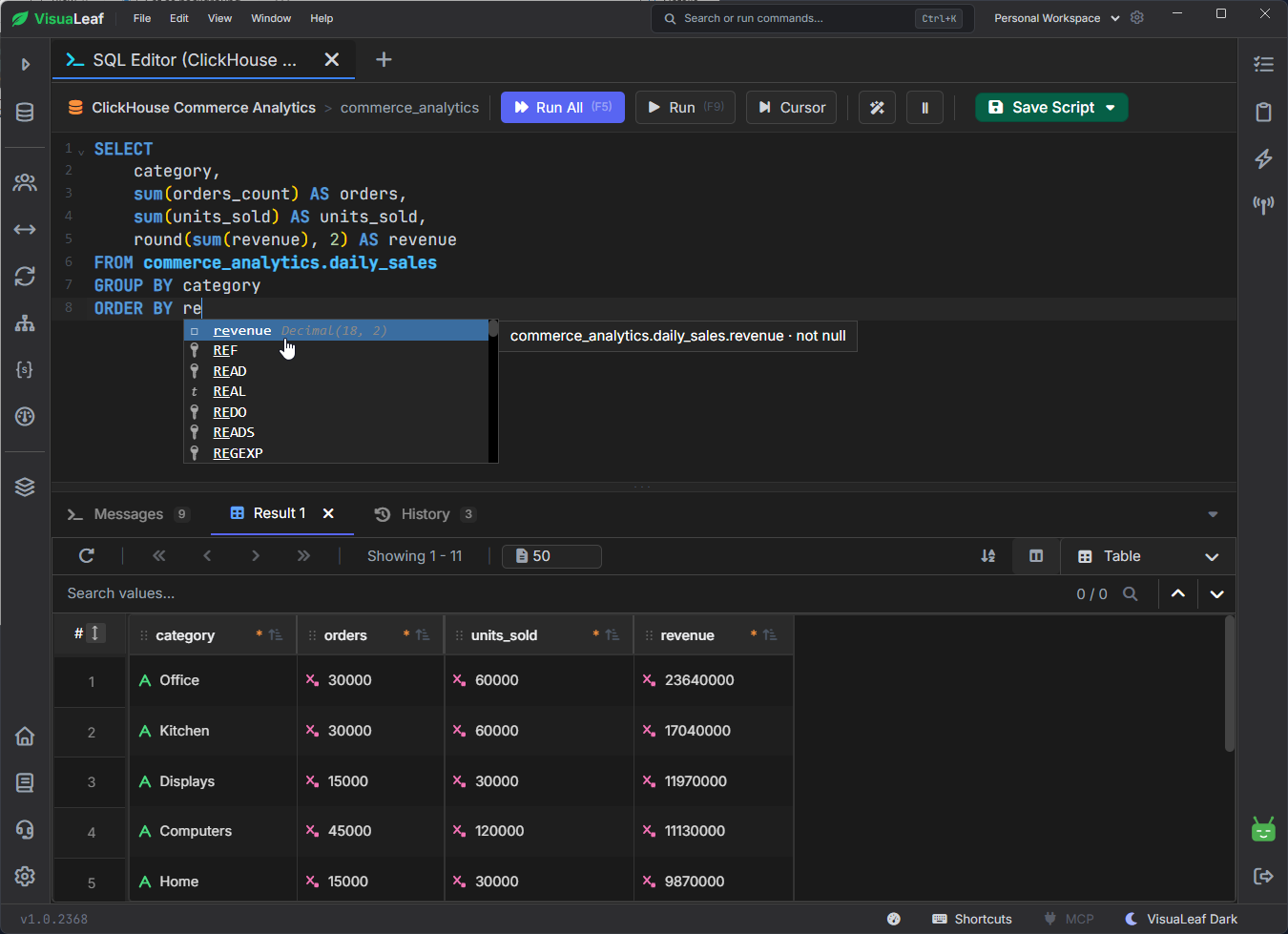 ClickHouse SQL query grouping daily sales by category with results displayed in VisuaLeaf.