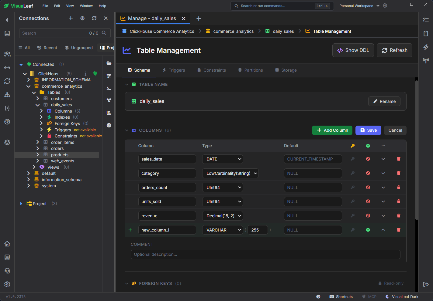 VisuaLeaf Table Management view showing the structure of a ClickHouse daily_sales table.