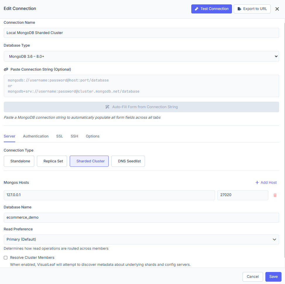 Configure an existing MongoDB sharded cluster connection in VisuaLeaf