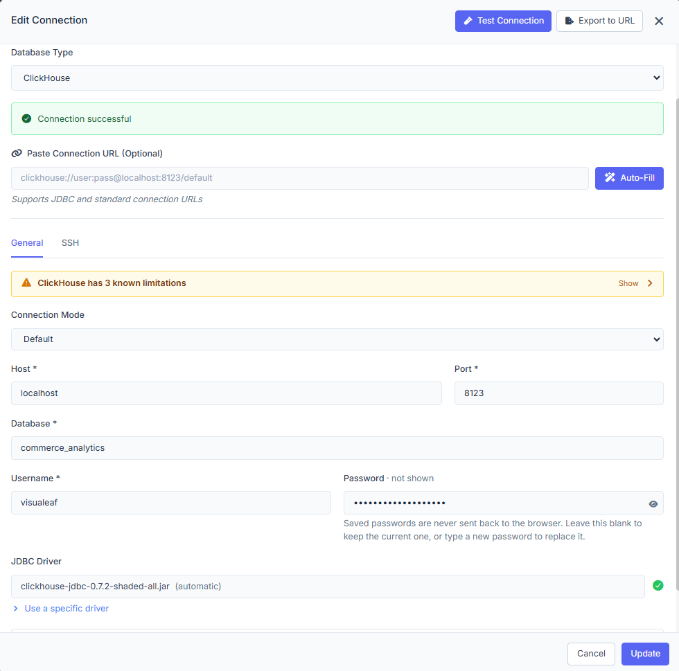 VisuaLeaf ClickHouse connection form configured for a local Docker server.