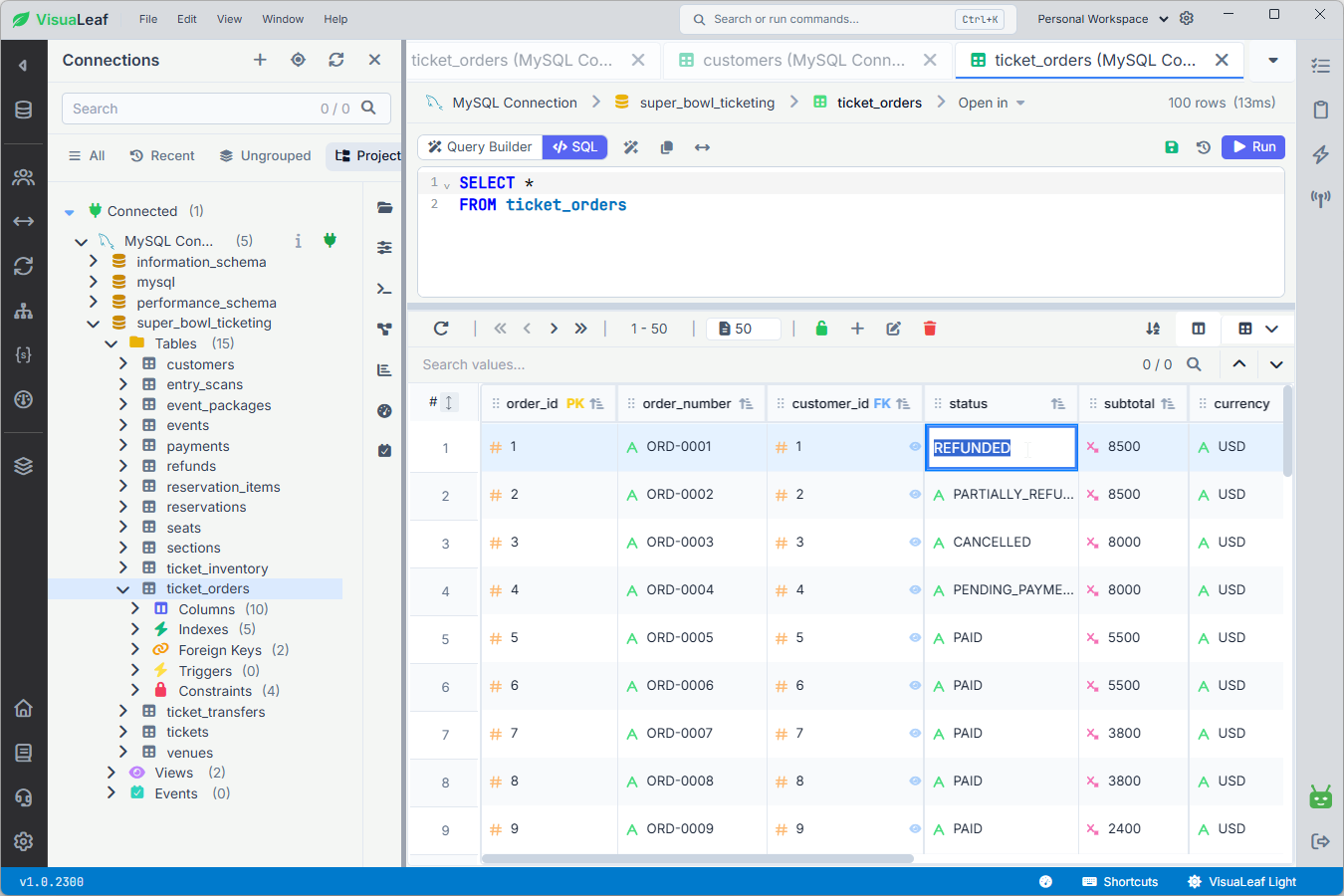Editing a MySQL order status from PAID to REFUNDED in VisuaLeaf.