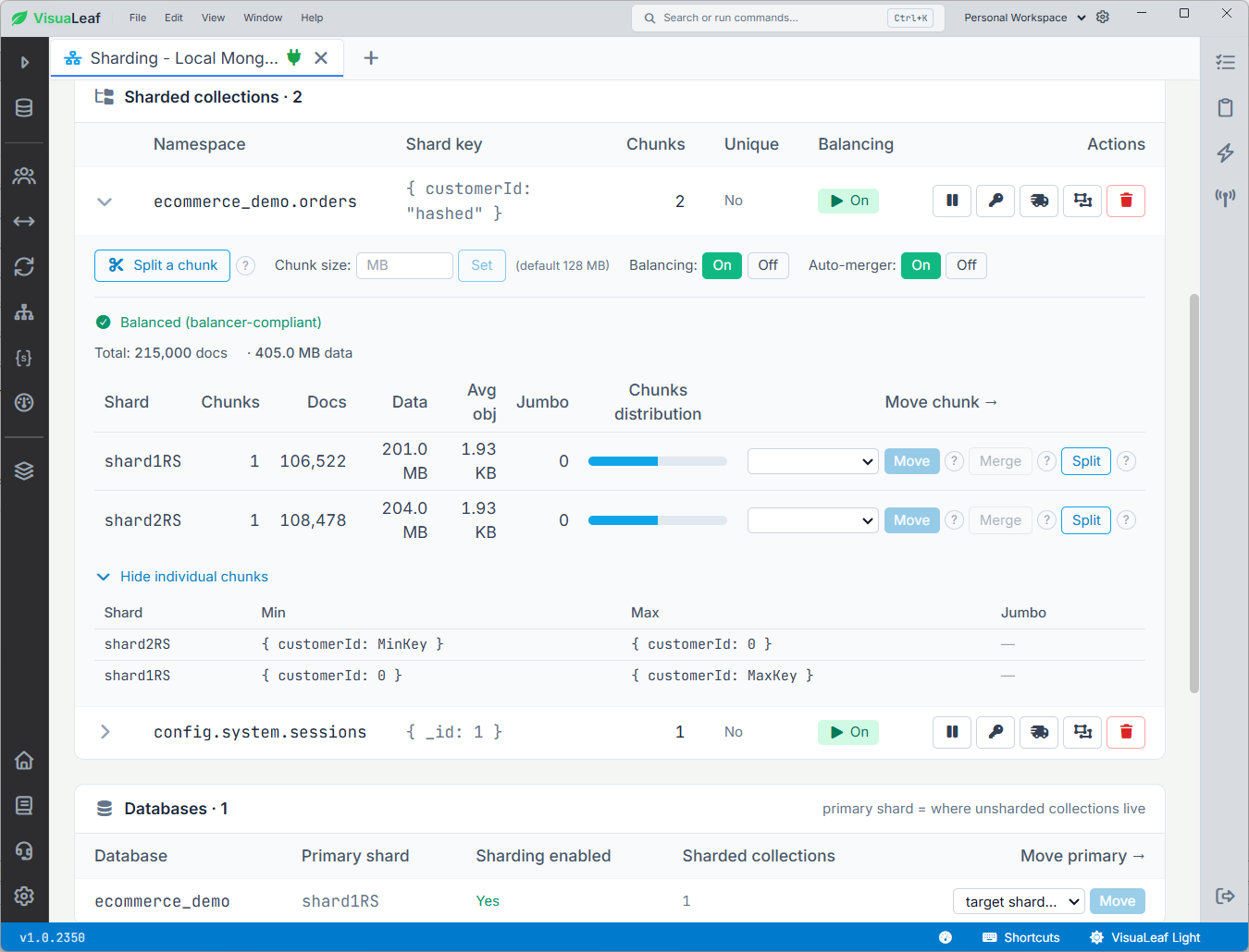 MongoDB orders collection distributed across two shards and two chunks