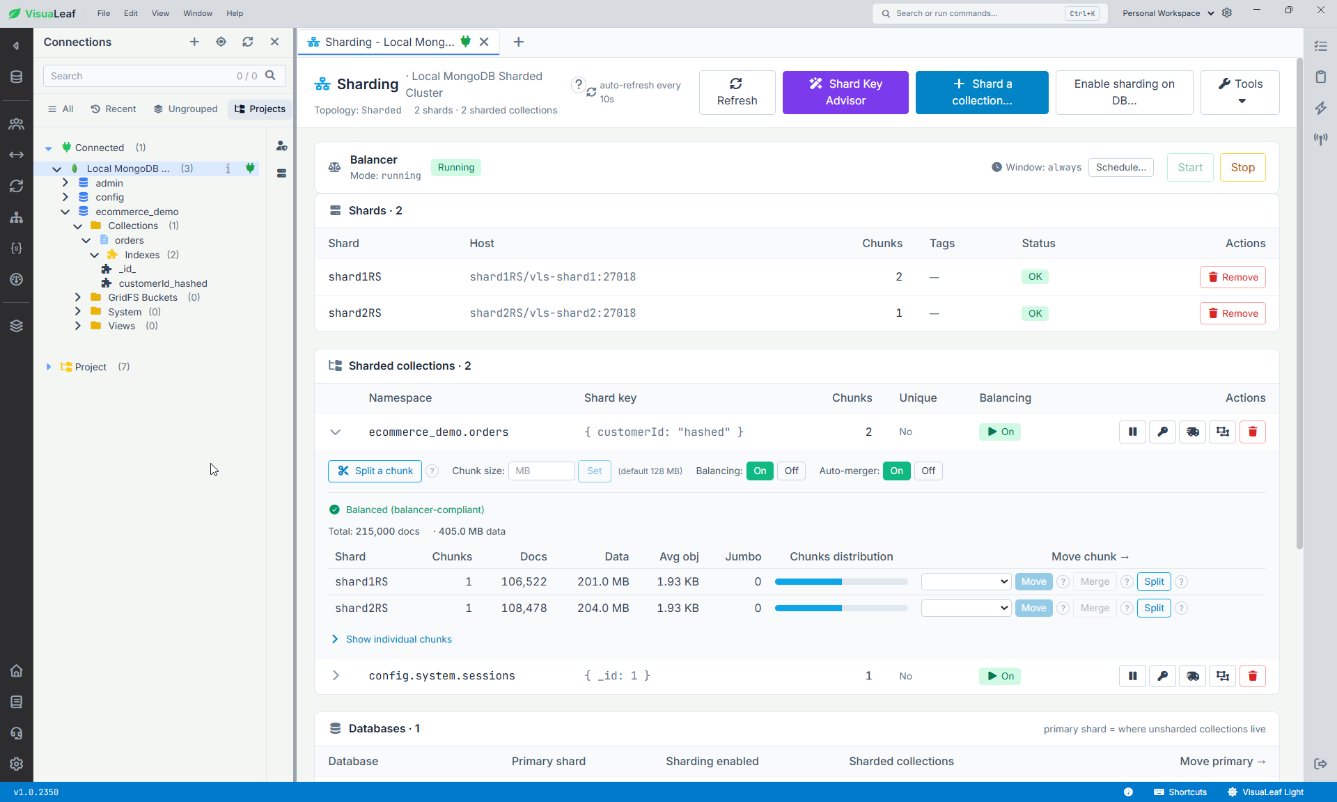 MongoDB sharding dashboard showing a 405 MB orders collection distributed across two shards