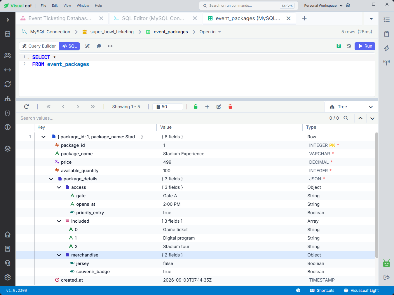 VisuaLeaf displaying the event_packages table with an expanded MySQL JSON column containing access, included items, and merchandise fields.