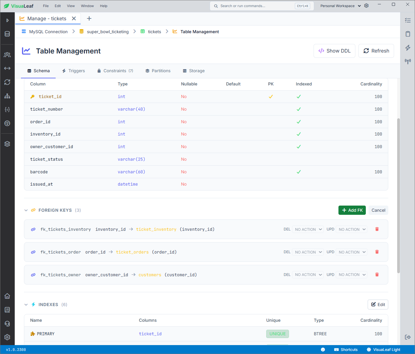 VisuaLeaf showing the MySQL tickets table structure with columns, foreign keys, and indexes.