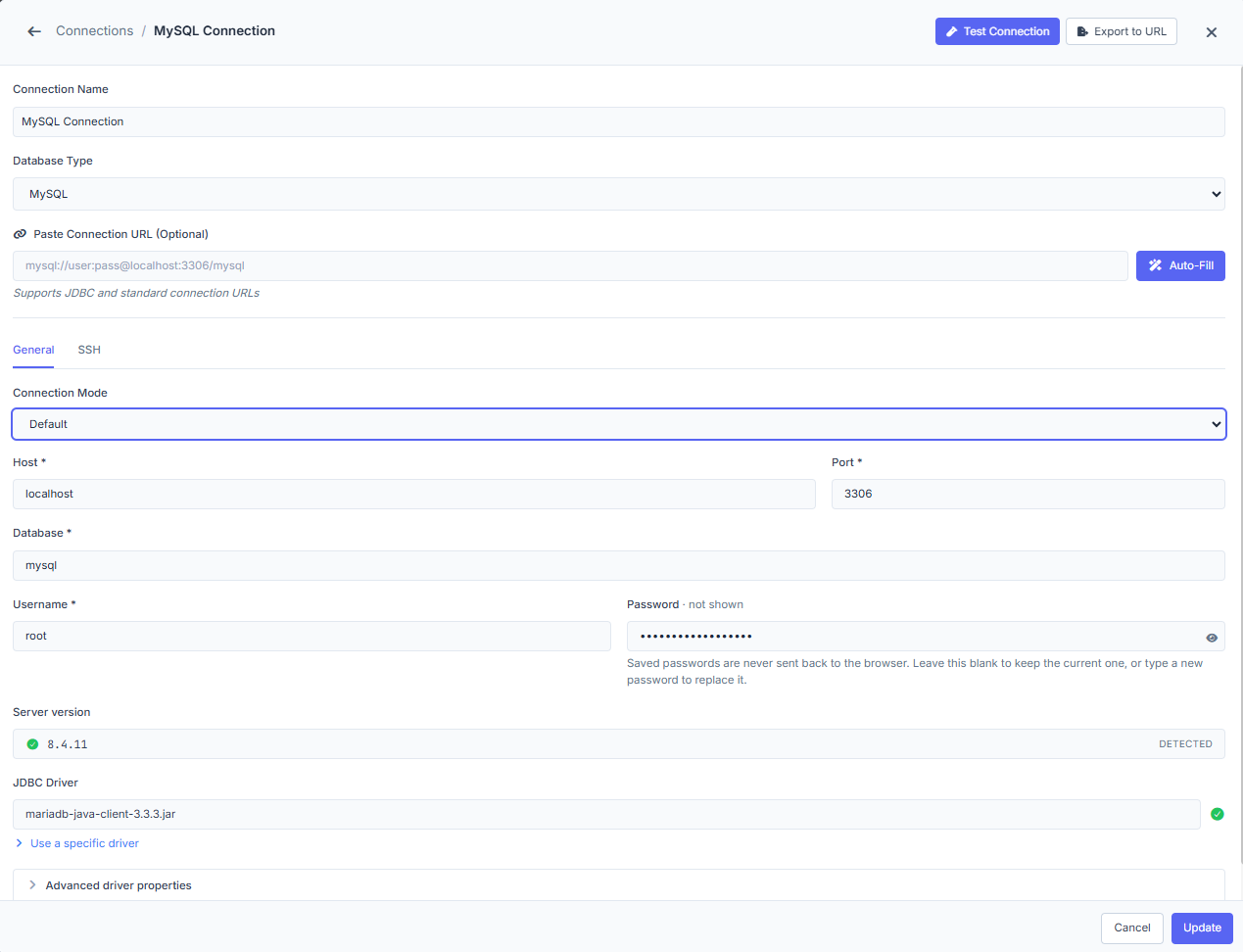 VisuaLeaf MySQL connection form with fields for the host, port, database name, username, and password.