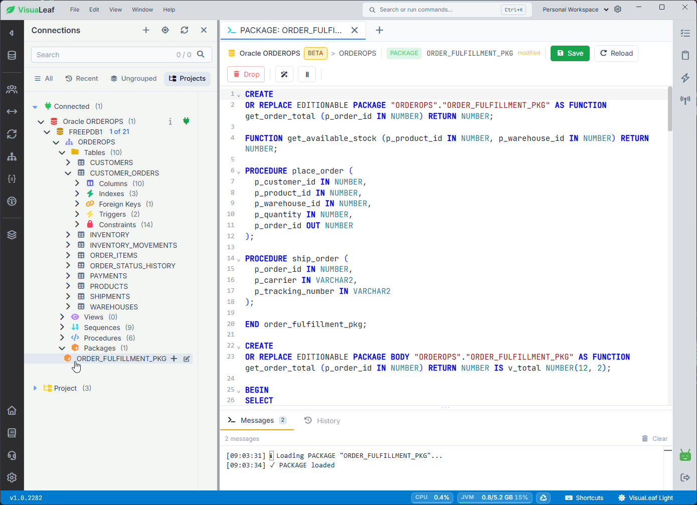 VisuaLeaf displaying the Oracle ORDER_FULFILLMENT_PKG specification and body beside the ORDEROPS schema tree, with Save, Reload, and package load messages.