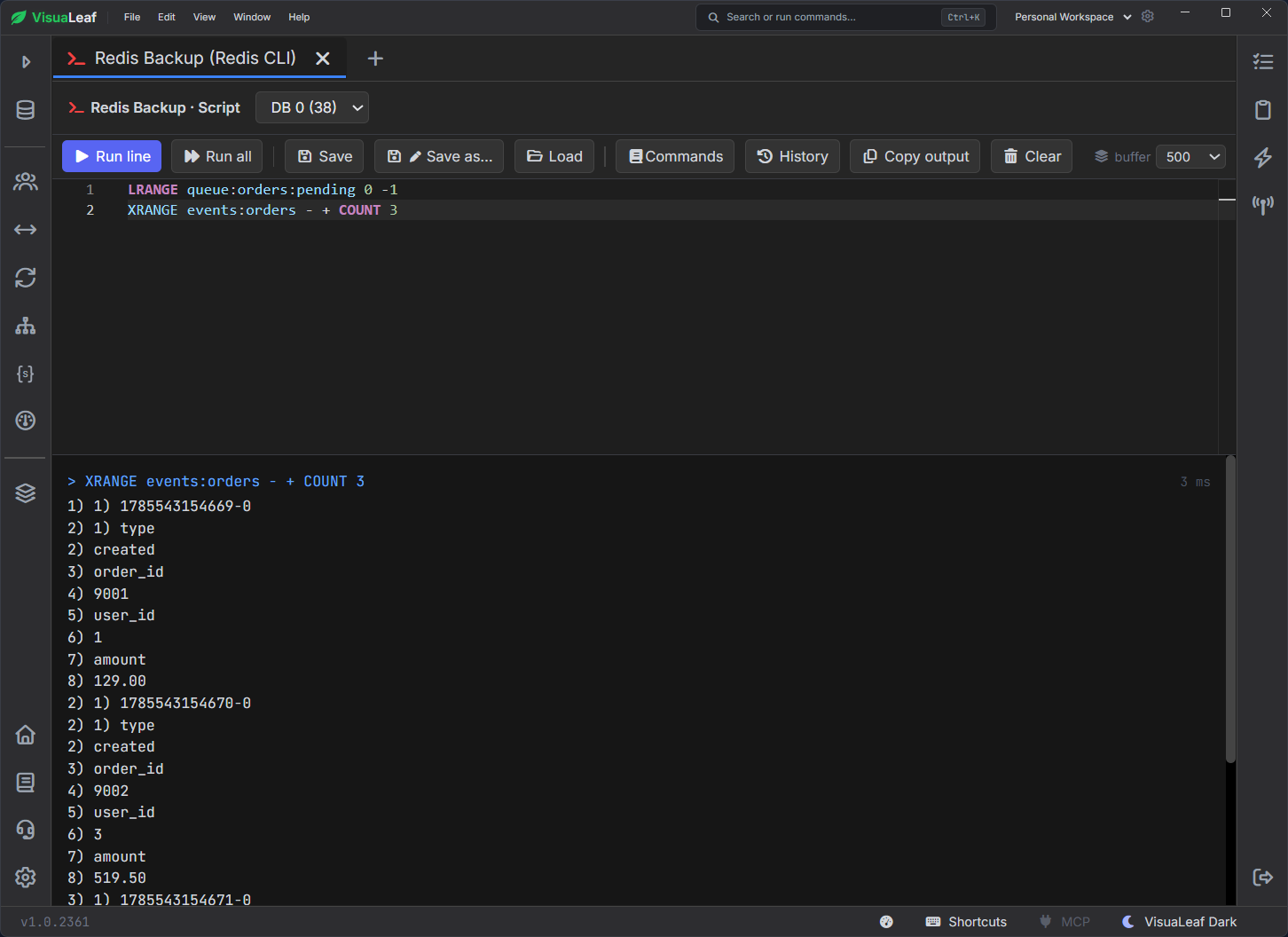 VisuaLeaf Redis CLI running LRANGE and XRANGE commands to inspect a pending-orders list and order-event stream.
