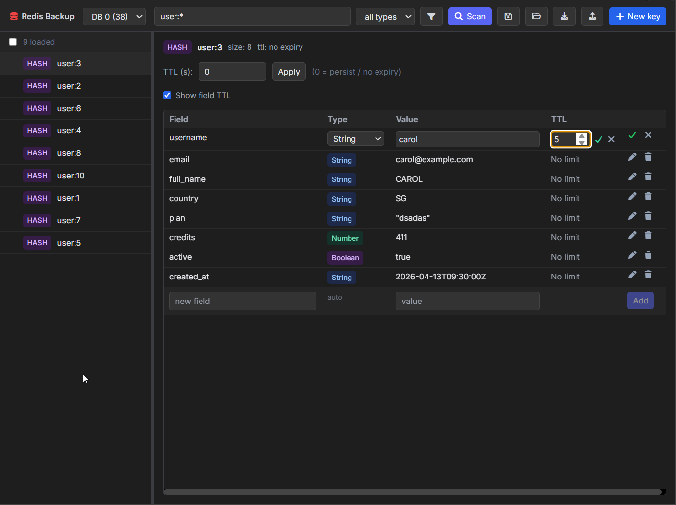 VisuaLeaf Redis hash view showing user:3 with no expiry and a five-second TTL being added to the username field.