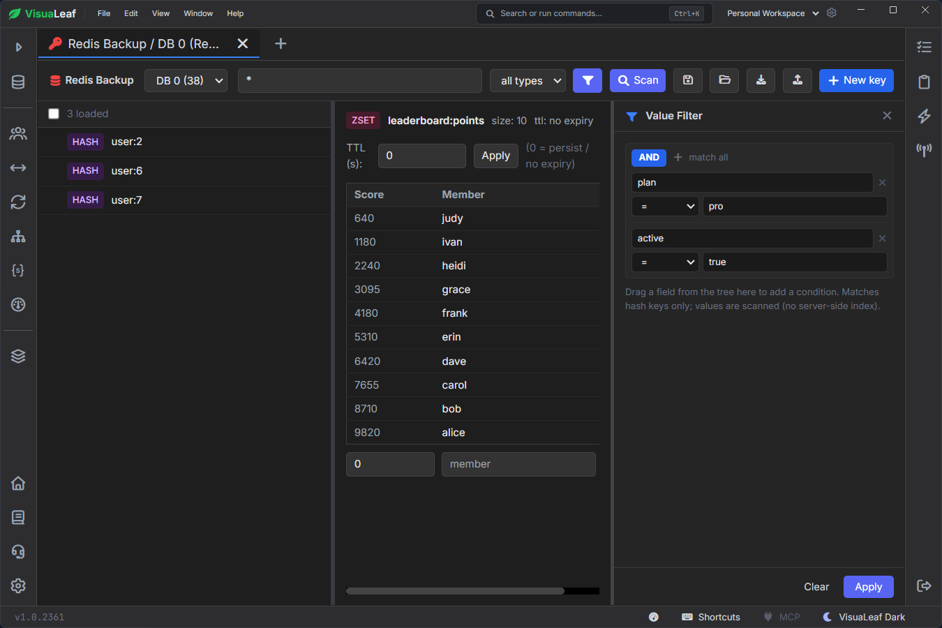 VisuaLeaf filtering Redis hash keys by plan and active values while displaying key and field TTLs.
