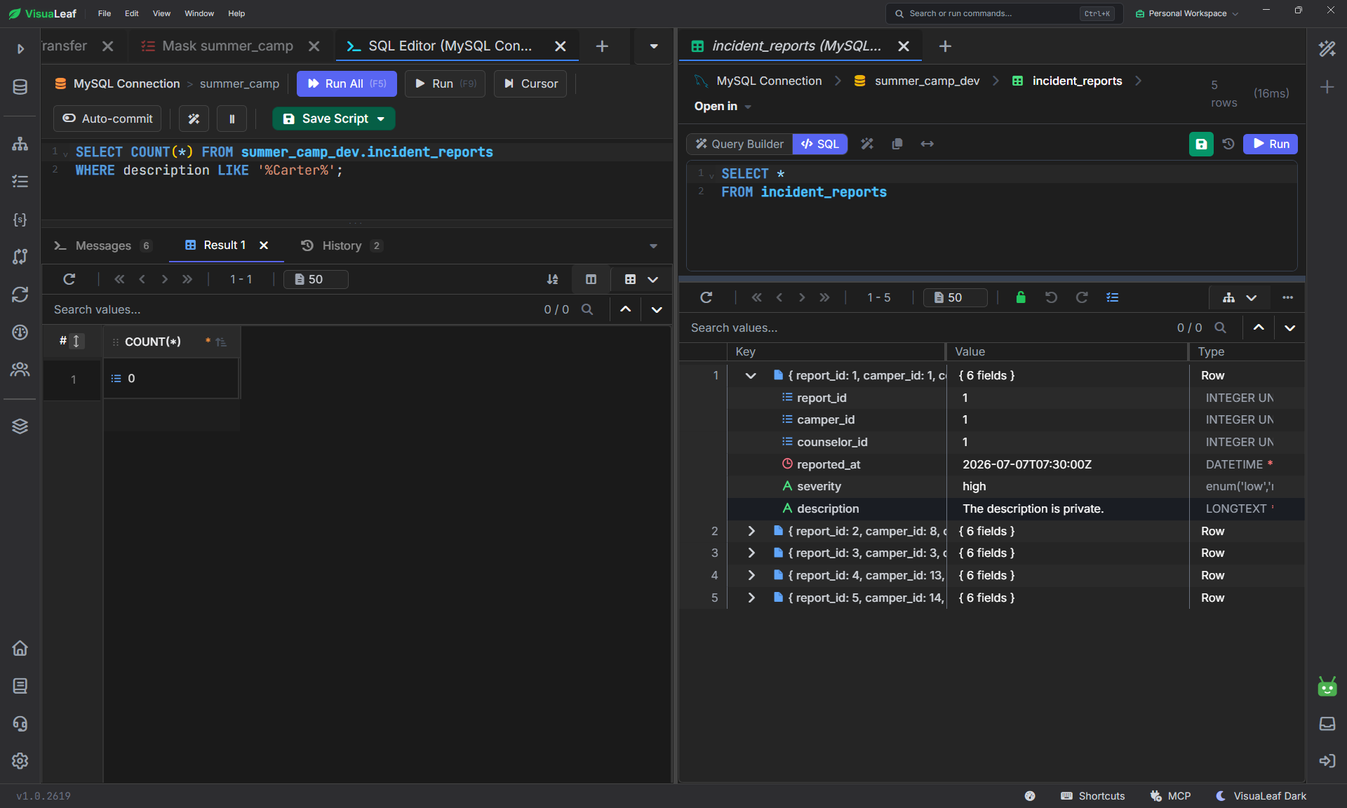 Leak check query returning 0 next to masked incident_reports in summer_camp_dev