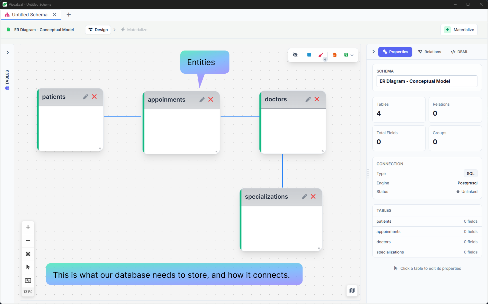 Conceptual ER diagram in VisuaLeaf showing patients, appointments, doctors, and specializations connected by one-to-many relationship lines.