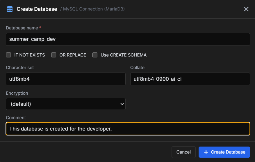 VisuaLeaf Create Database dialog with the name summer_camp_dev, character set utf8mb4, collation utf8mb4_0900_ai_ci.