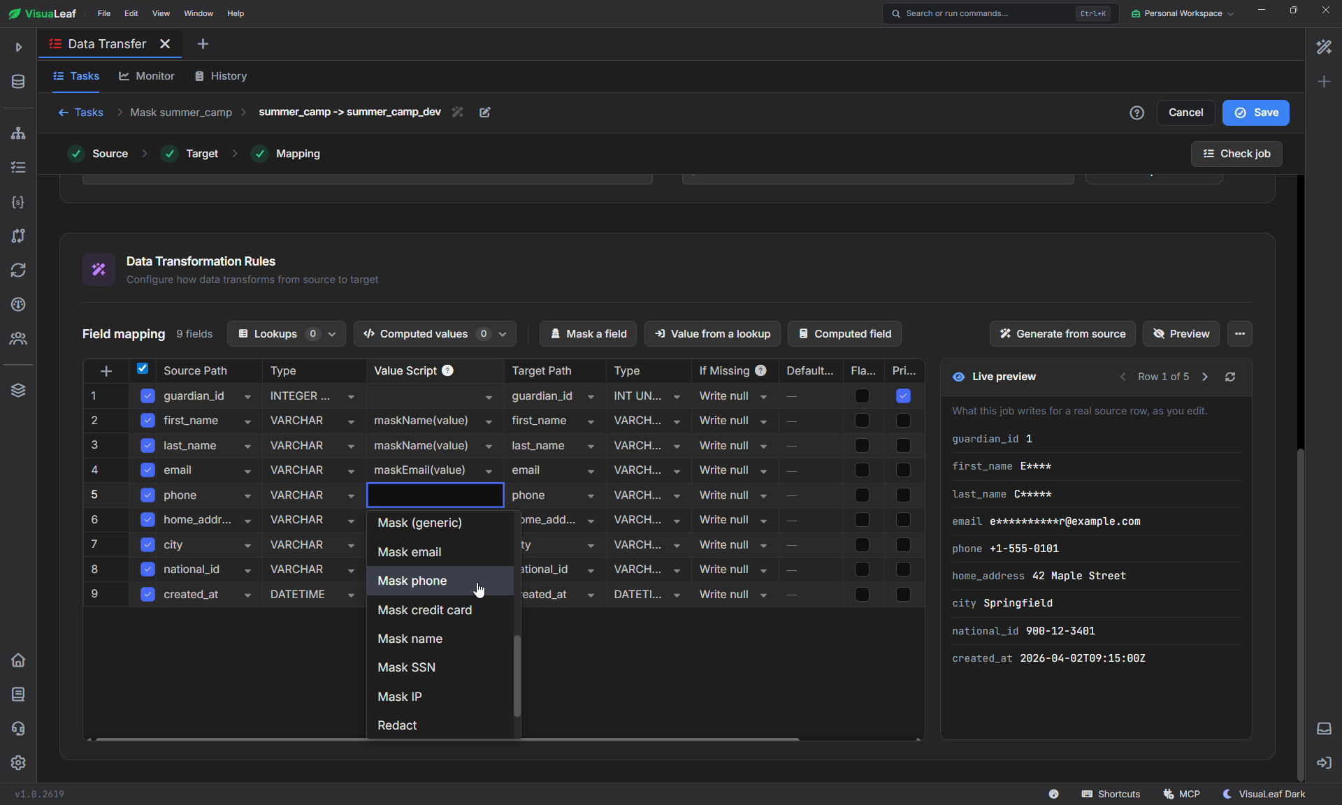 Mask name and Mask email applied, with masked values in Live preview