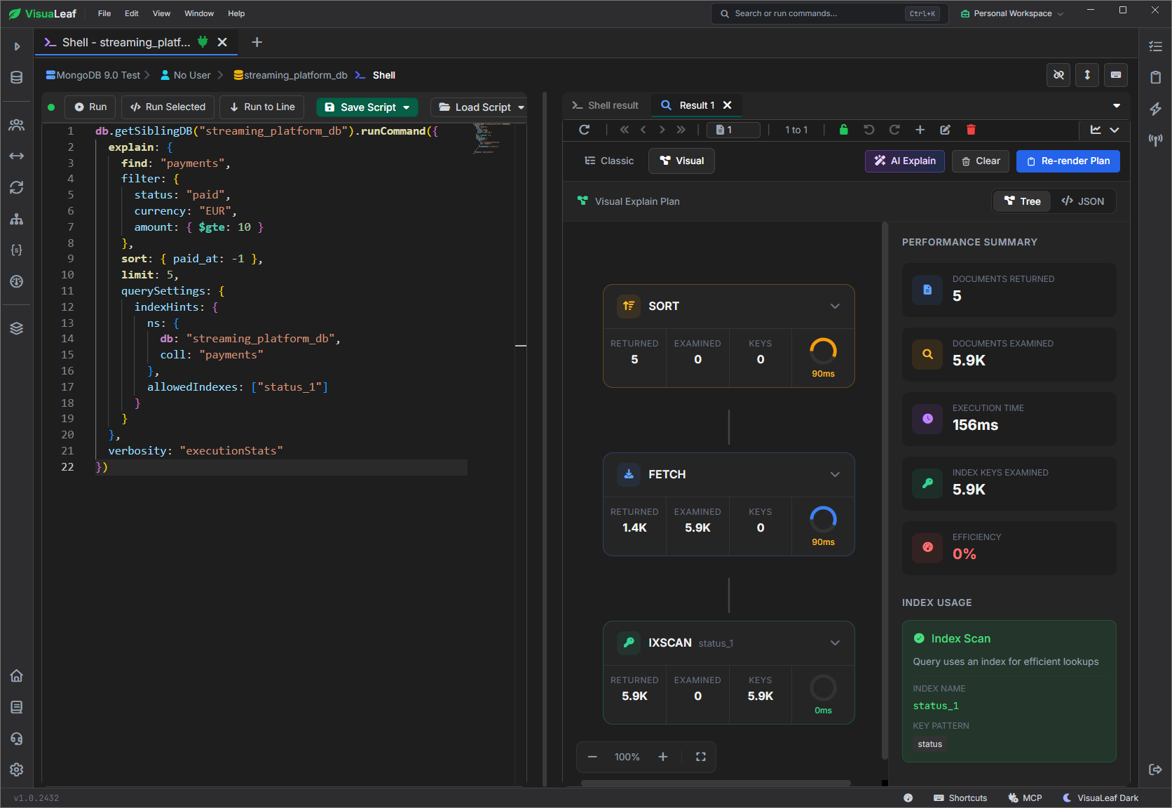 VisuaLeaf Explain view showing IXSCAN on the status_1 index, FETCH, and SORT for the MongoDB 9.0 payments query.
