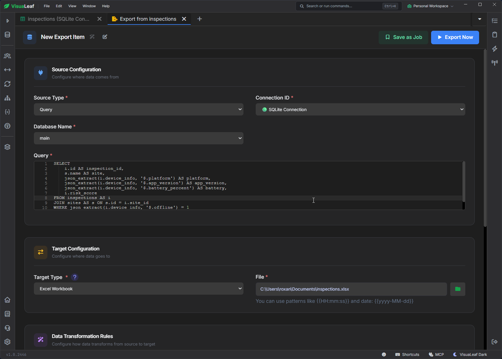 VisuaLeaf export form with a SQLite query as the source and inspections.xlsx as the Excel workbook destination.
