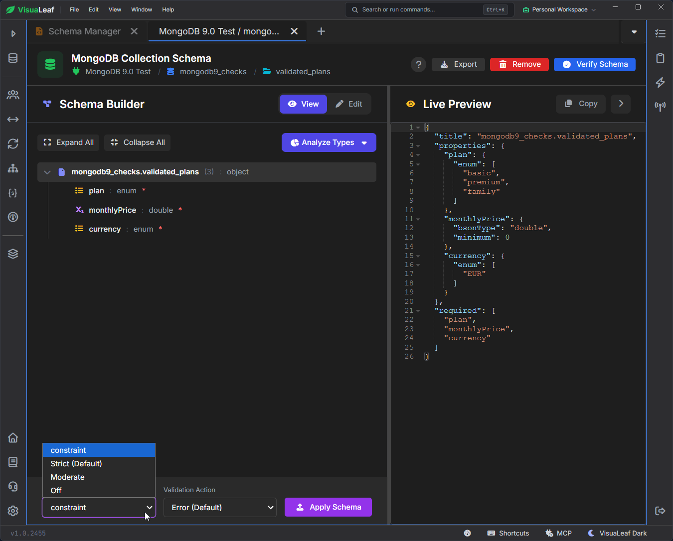VisuaLeaf Schema Manager showing plan and currency enum rules, a minimum monthly price of zero, and constraint validation for validated_plans.