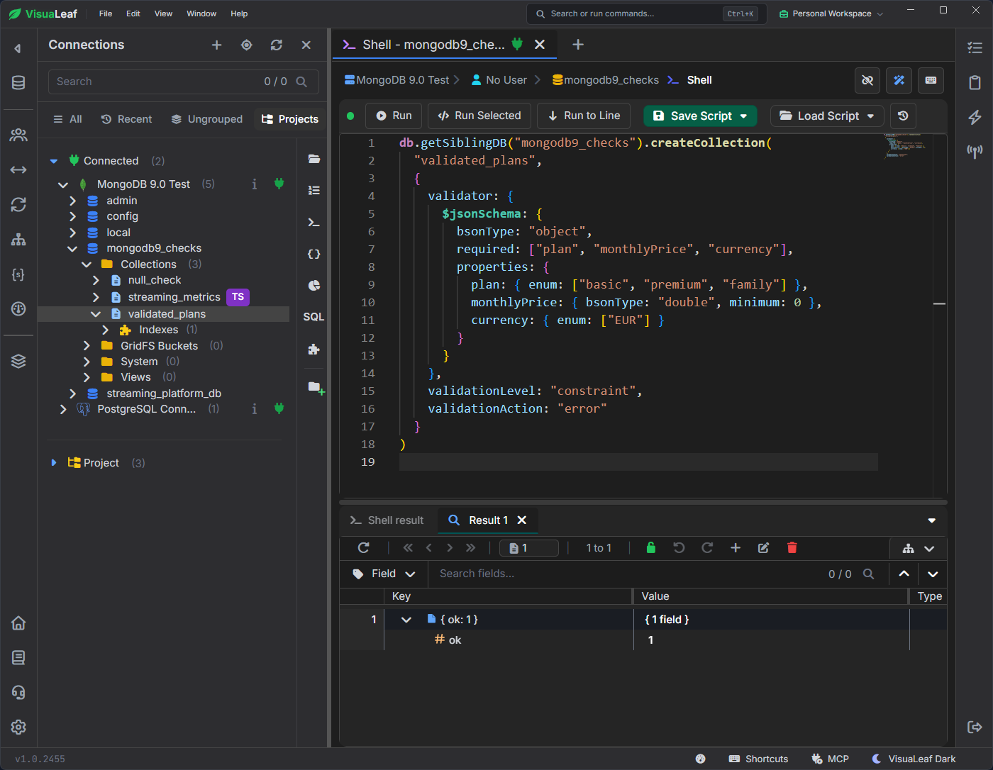 Creating validated_plans with constraint validation in MongoDB 9.0 returns ok: 1.