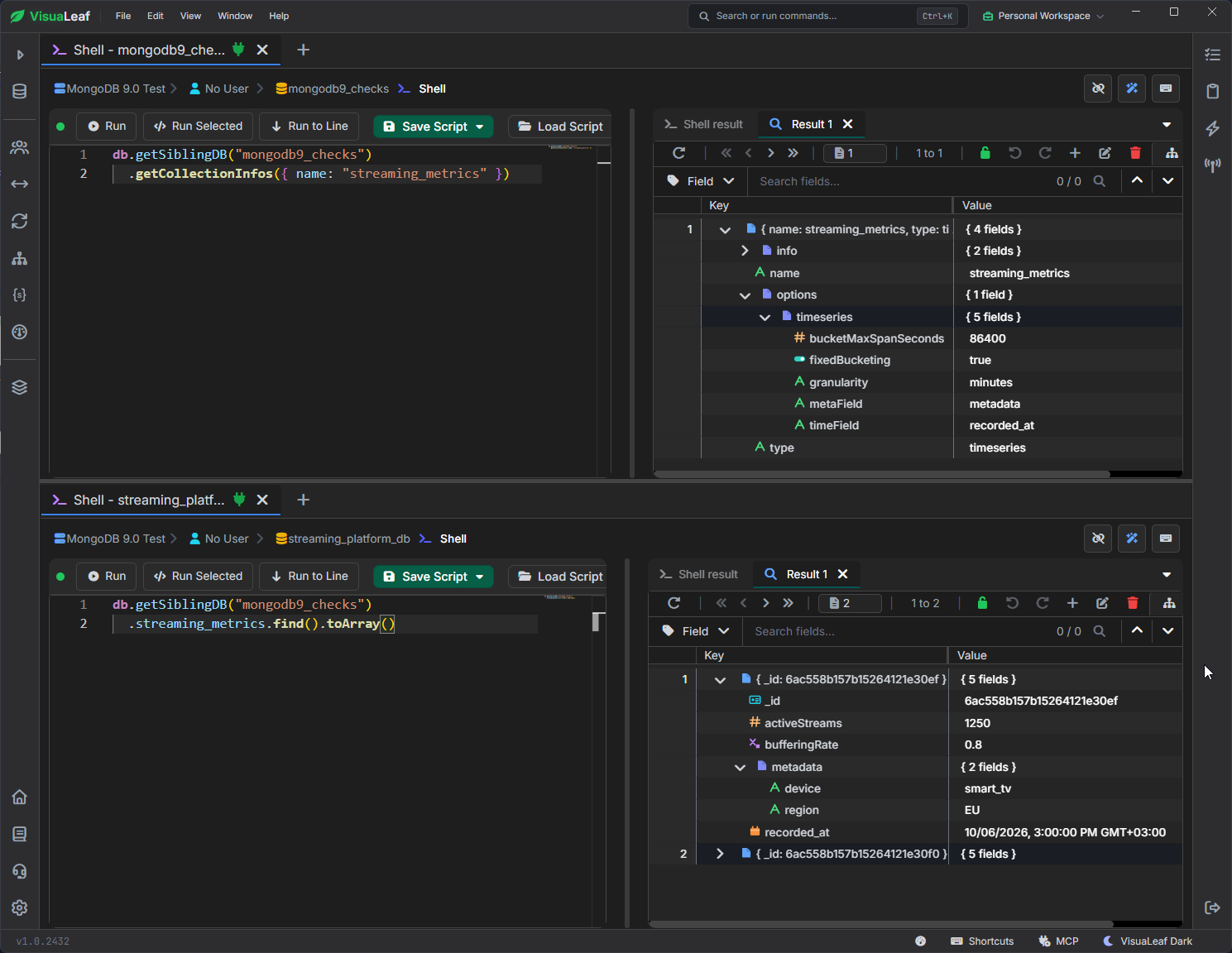 VisuaLeaf showing the renamed streaming_metrics time-series collection, with its original time-series settings above the two preserved documents.