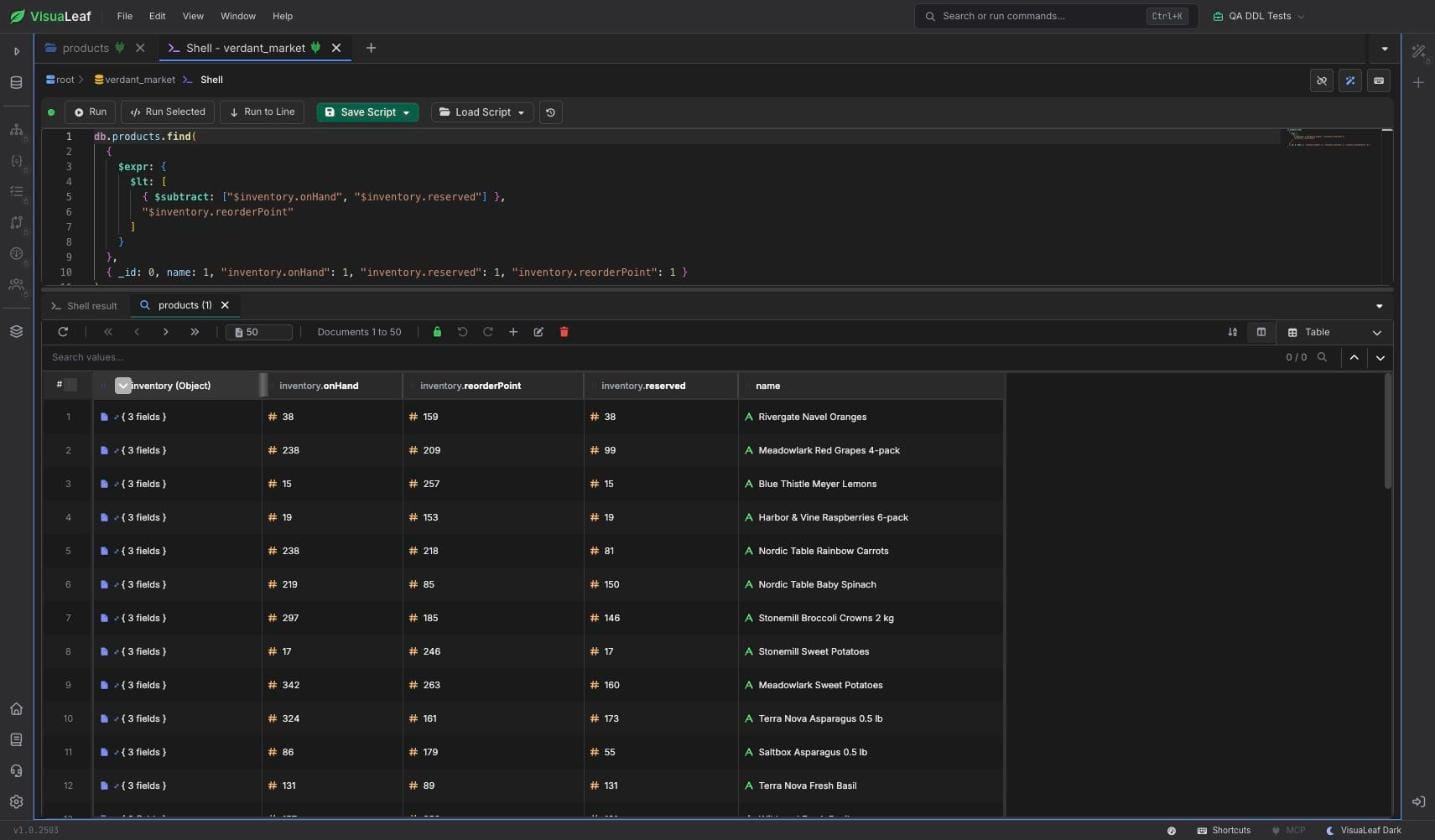 VisuaLeaf MongoDB Shell running a $expr query that uses $subtract to compare available stock with the reorder point.