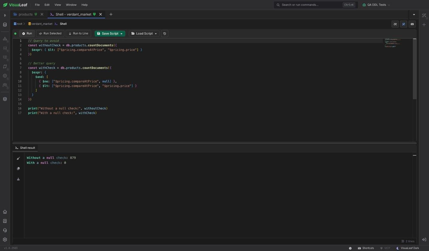 VisuaLeaf MongoDB Shell comparing two $expr queries, showing 879 results when null compareAtPrice values are included and 0 results after adding a $ne null check.