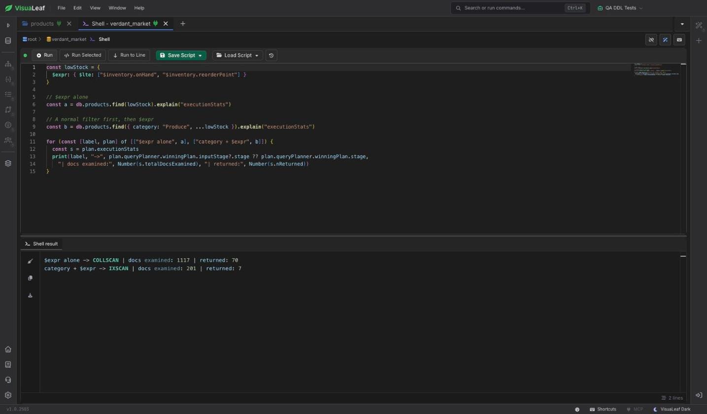 VisuaLeaf MongoDB Shell showing explain executionStats for a $expr query, with COLLSCAN and 1,117 documents examined.